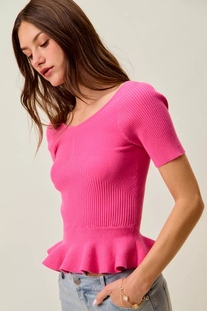 Ribbed Knit Short Sleeves Peplum Sweater Top, image 22
