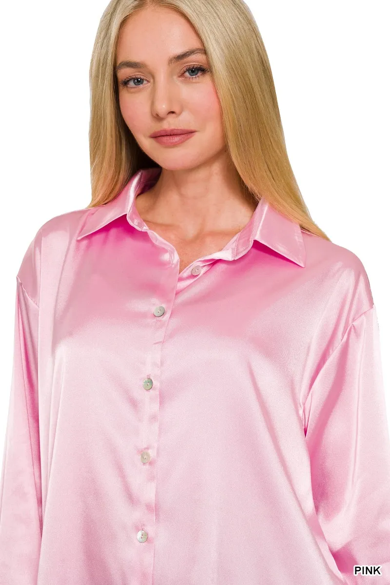 Satin Button Down Long Sleeve Shirt, image 4