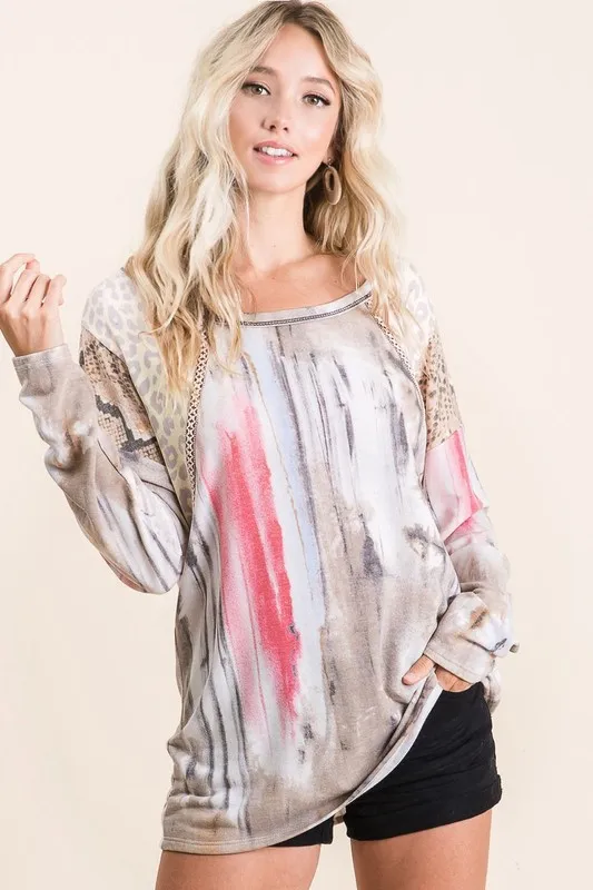 Tie Dye Knit Top with Print Block Shoulder, image 4