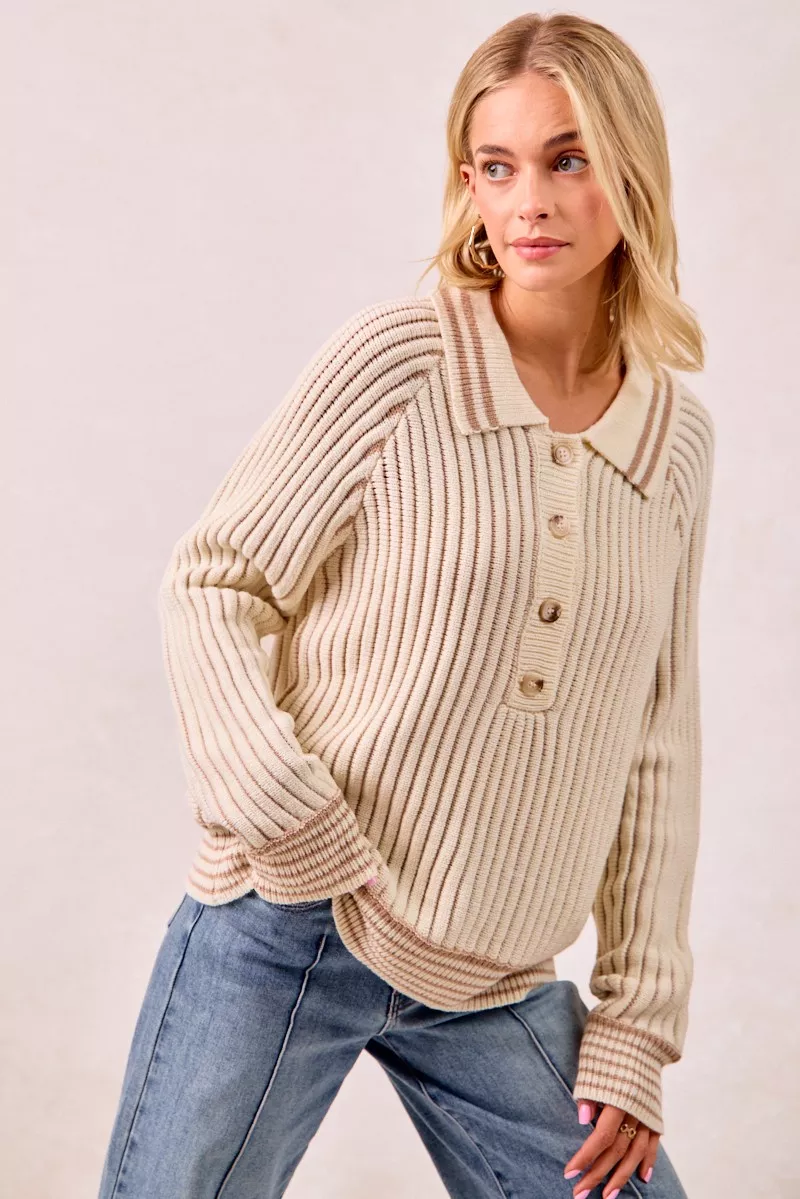 Half Button Ribbed Two Tone Sweater, image 3