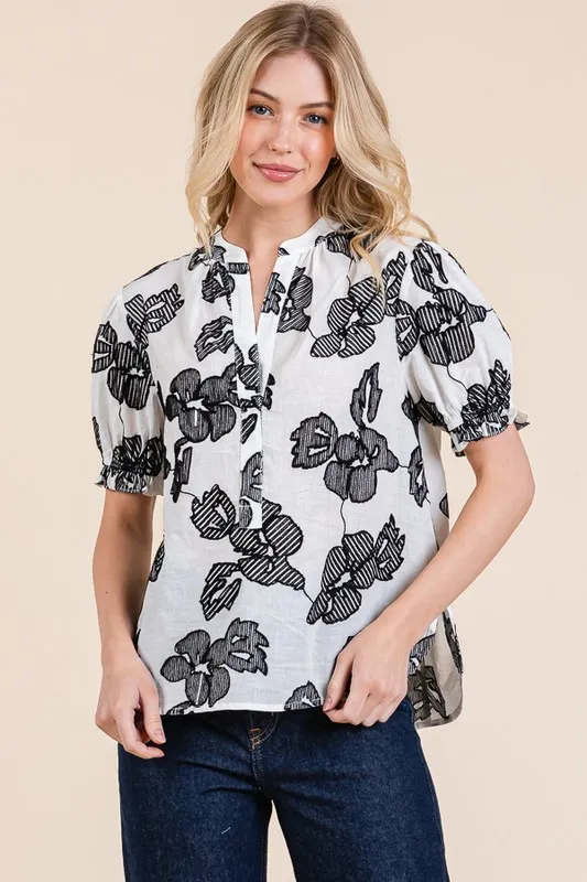 Embroidered Split Neck Puff Sleeve Blouse, image 11