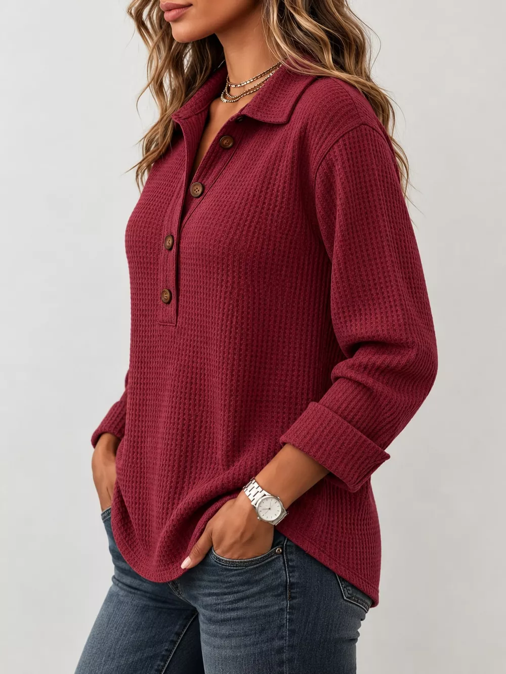 Full Size Waffle Knit Long Sleeve Polo Top Plus Size, image 14