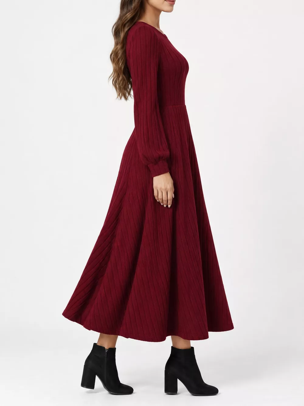 Ribbed Knit Long Sleeve A-Line Midi Dress, image 12