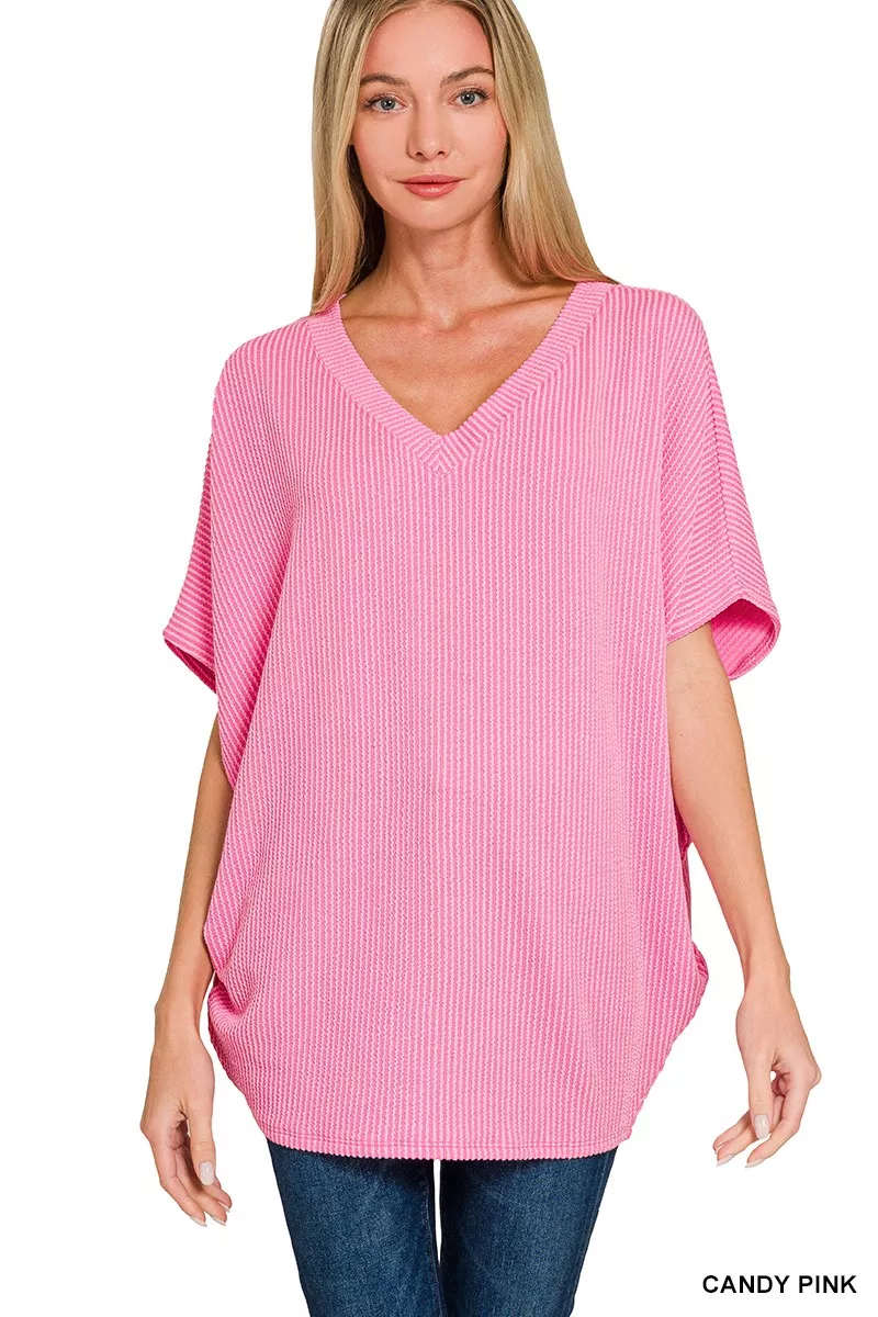 Raised Rib V-Neck Batwing Top, image 3