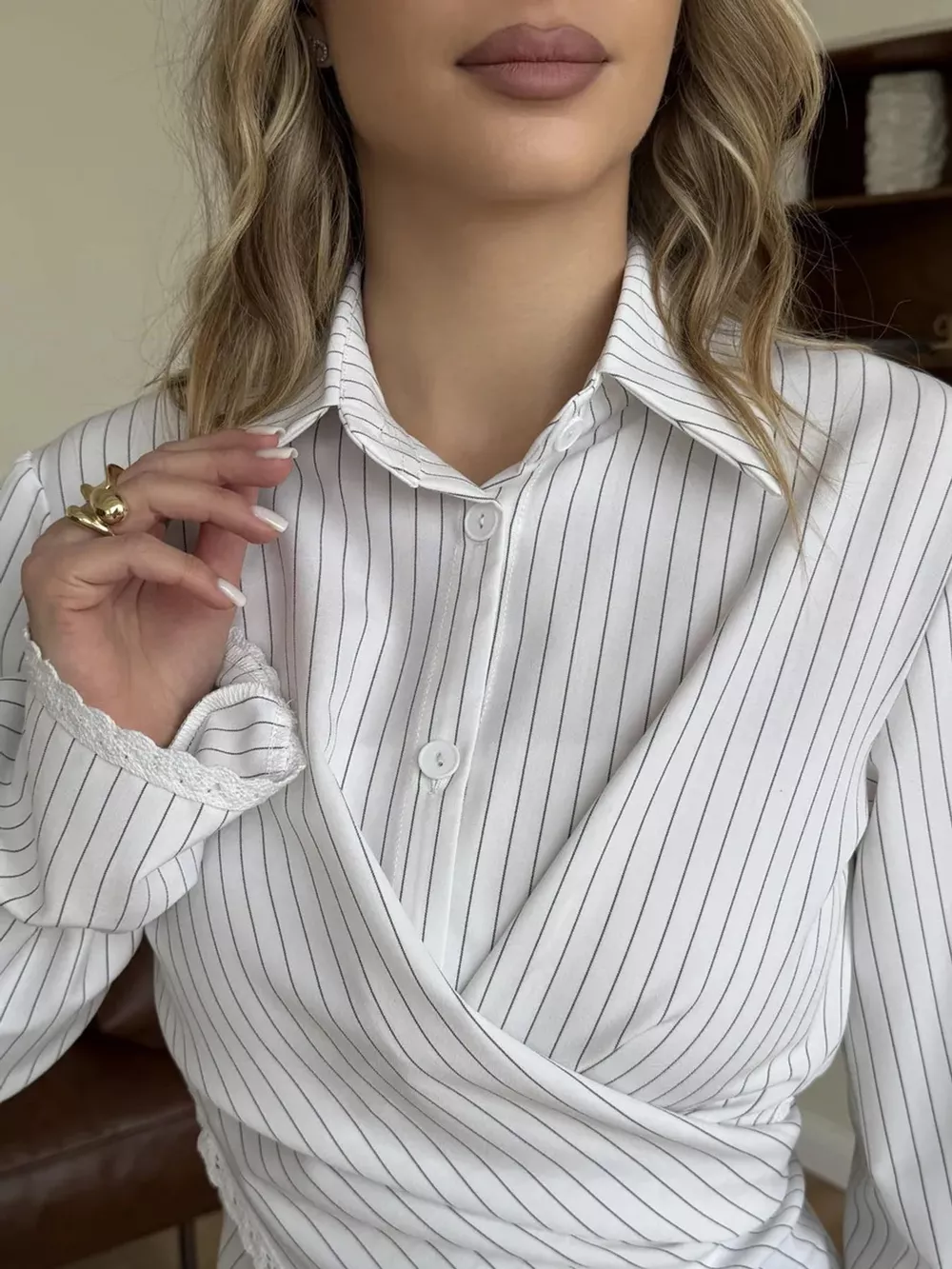 Lace Trim Long Sleeves Striped Shirt, image 9
