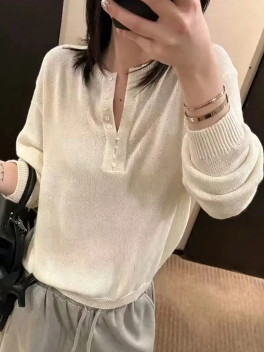 Button Detail Dropped Shoulder Sweater