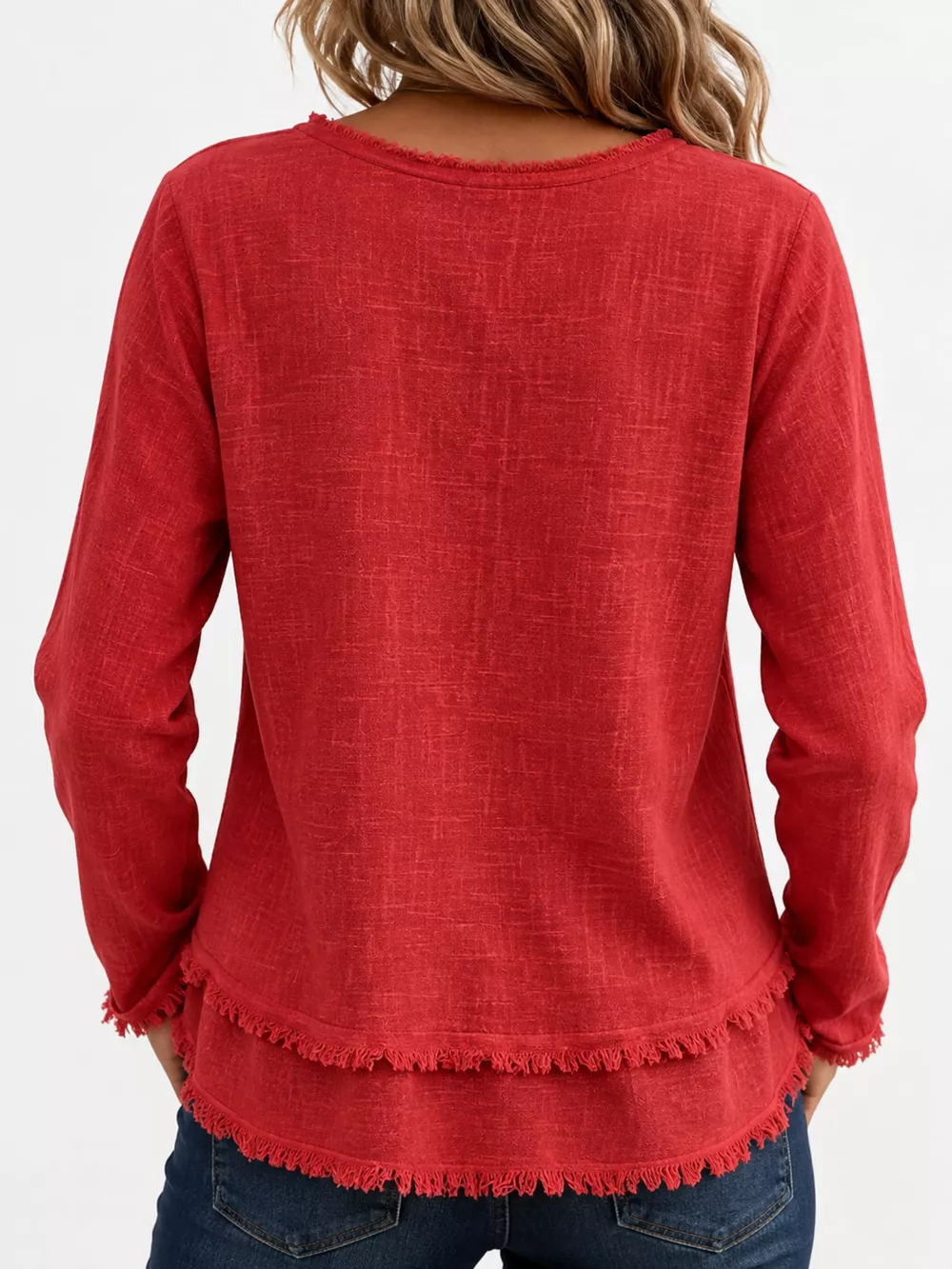 Full Size Frayed Hem V-Neck Long Sleeve Blouse Plus Size, image 23