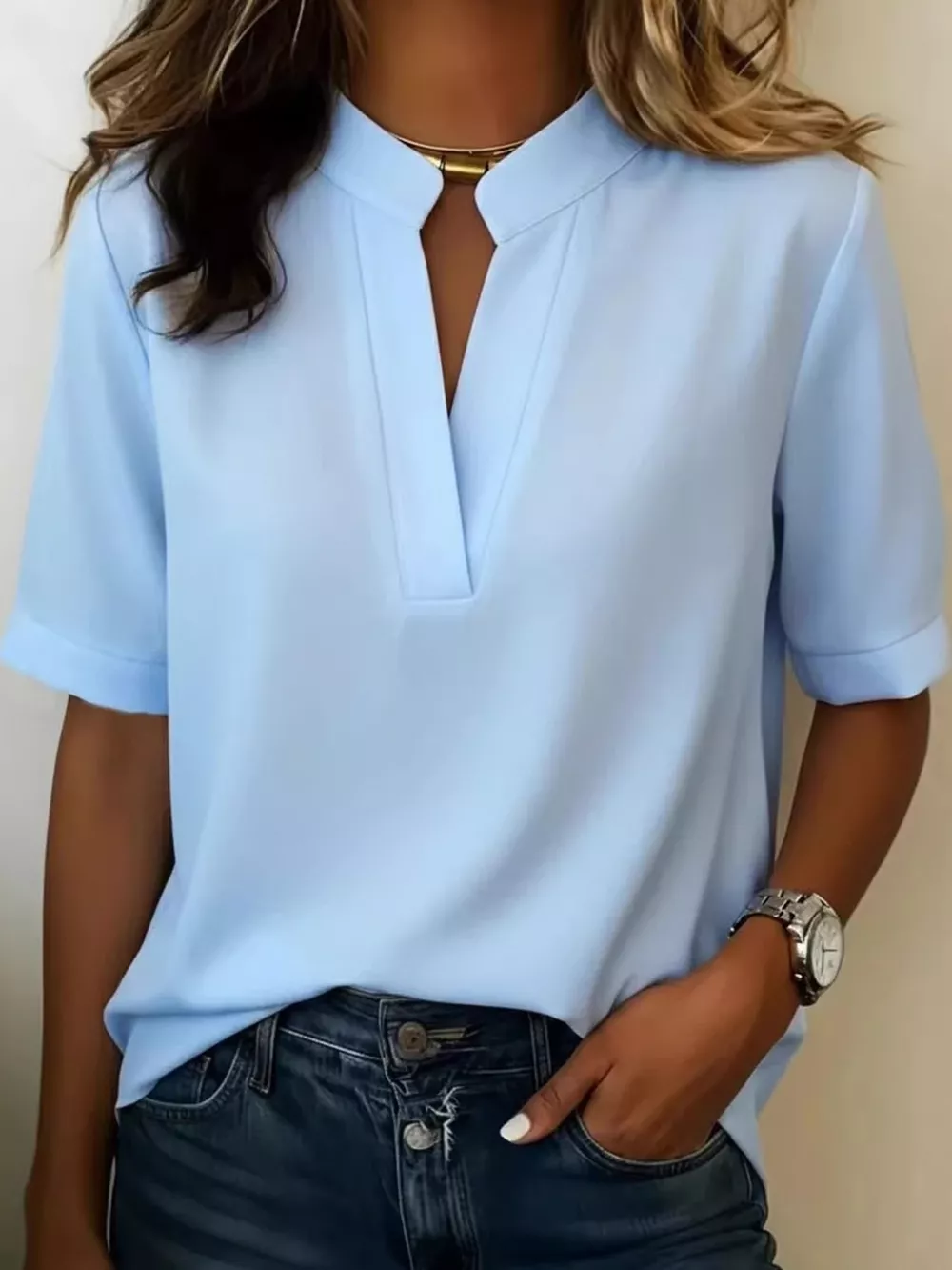 Full Size Notched Short Sleeve Blouse Plus Size