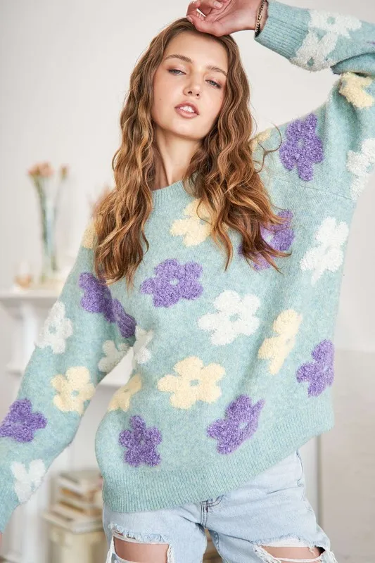Full Size Floral Popped 2-Tone Sweater Top Plus Size, image 7