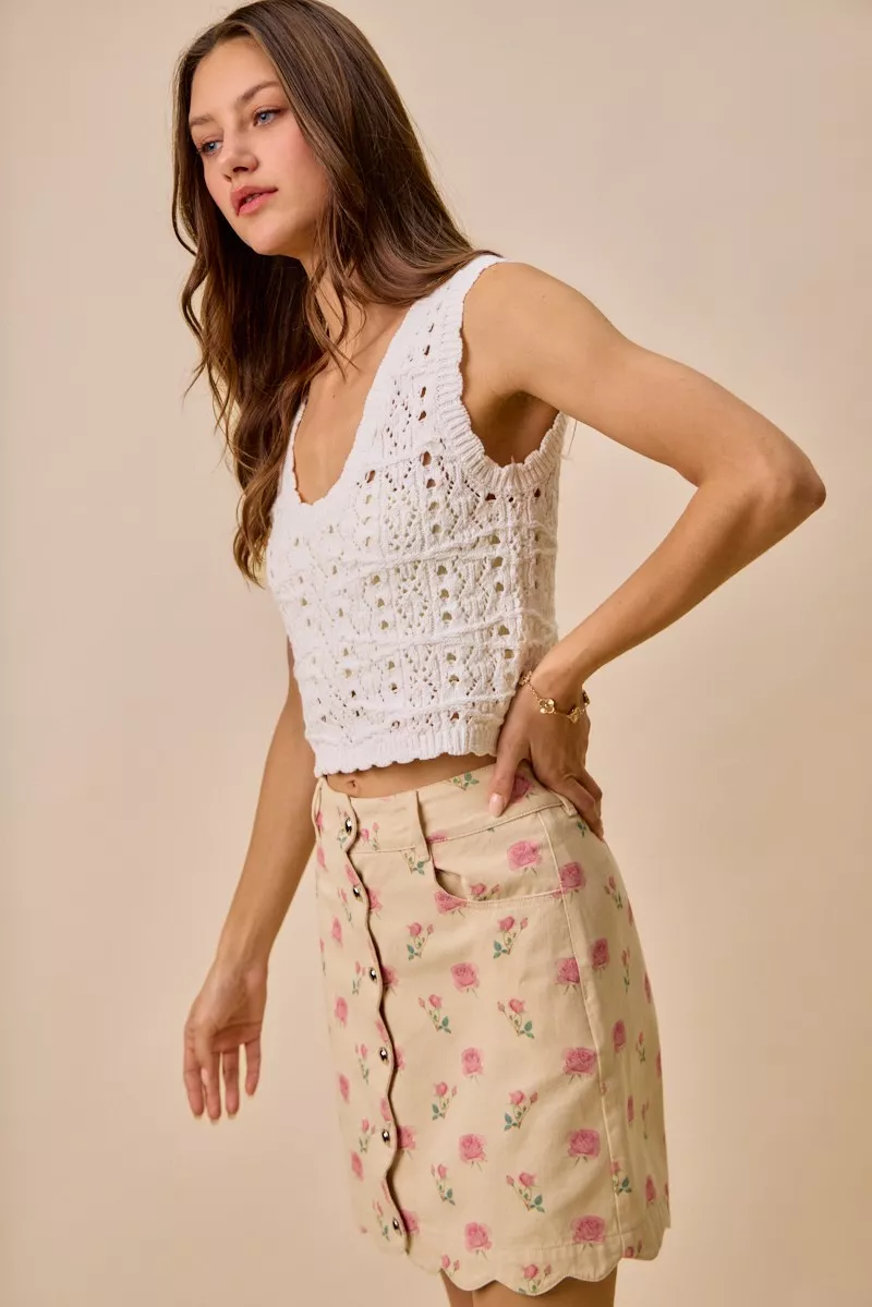 Floral Rose Print Cotton Twill Scallop Mini Skirt, image 12
