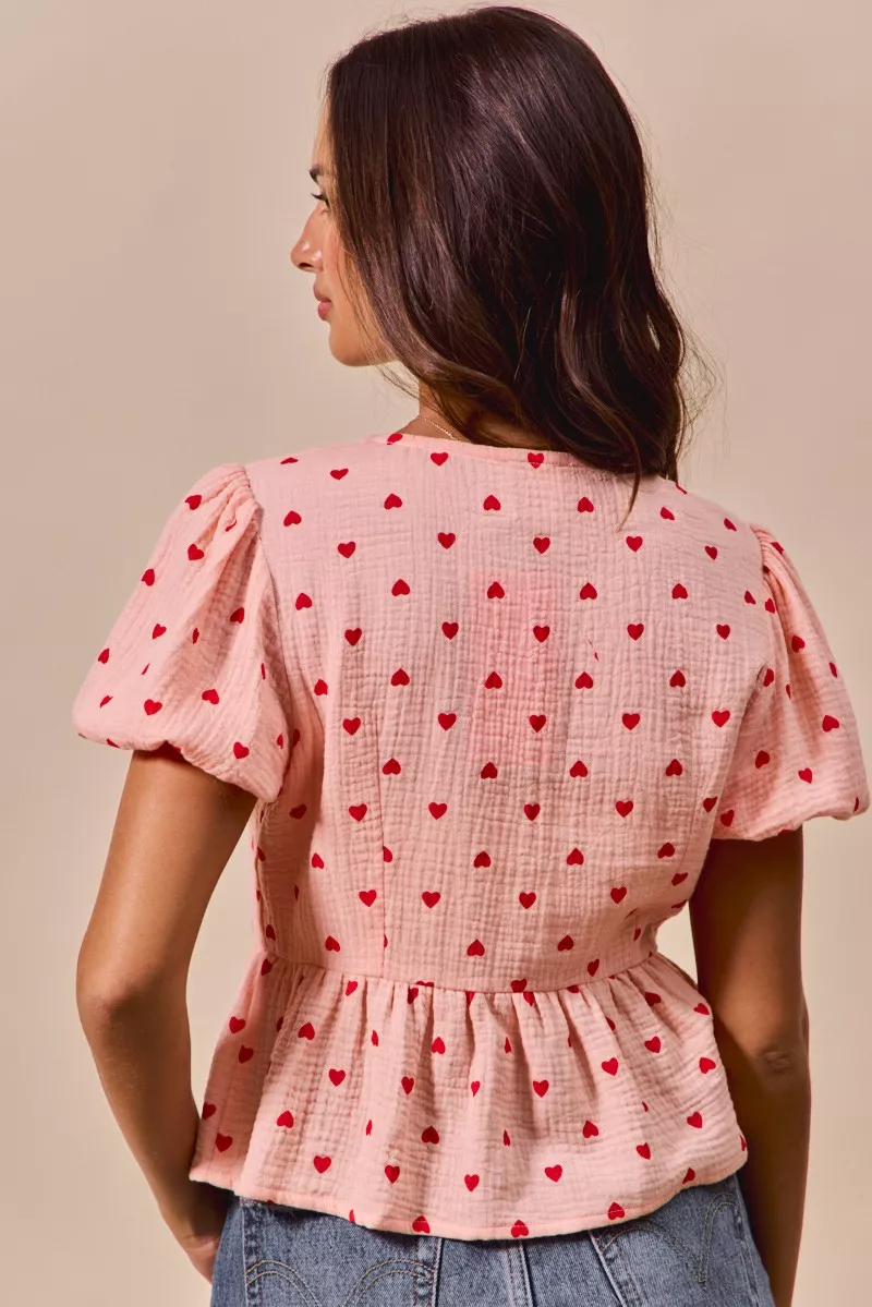 All Over Heart Ribbon Tie Baby Doll Valentine Blouse, image 9