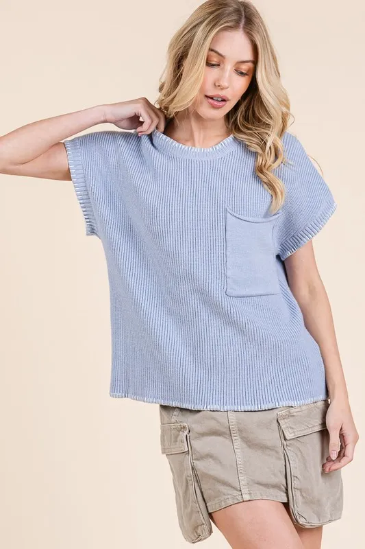 Solid Cap Sleeve Stitch Edge Knit Sweater, image 7