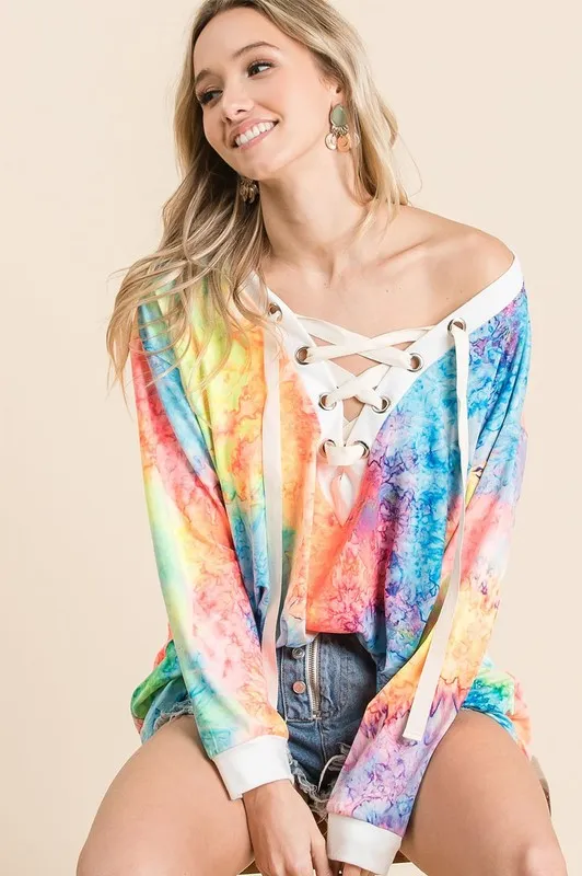Tie Dye Deep V-neck Top With Lace Up Front, image 12