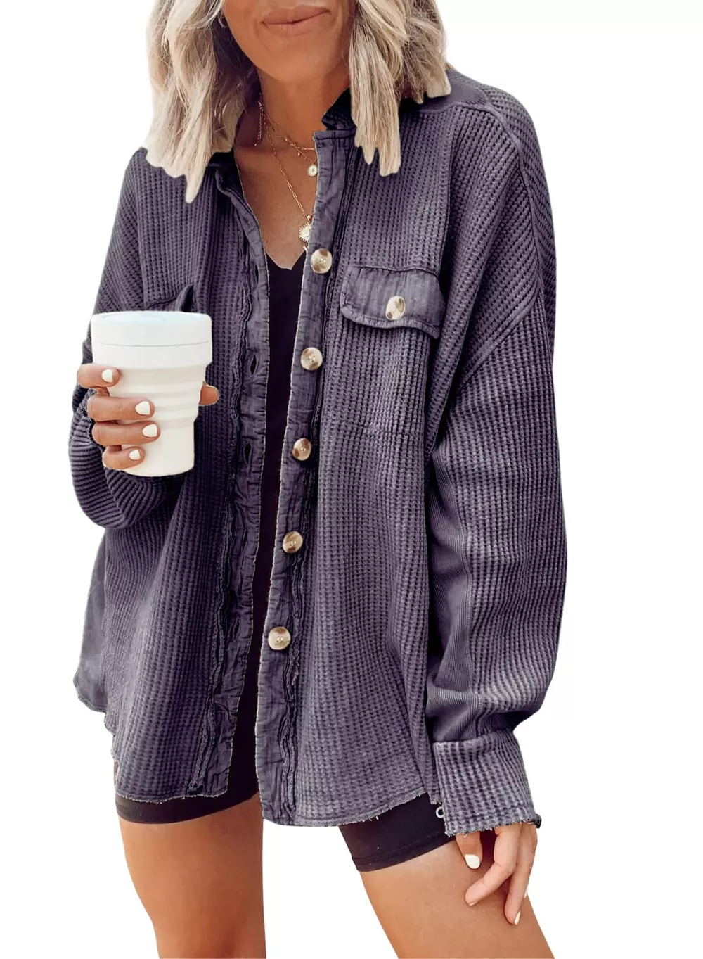 Oversized Waffle Knit Button-Up Jacket, image 7
