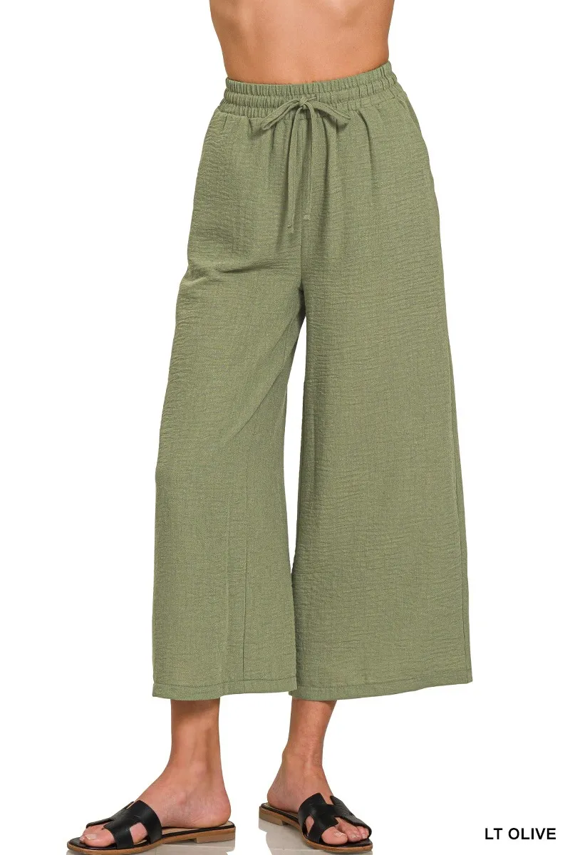 Woven Crepe Elastic Band Waist Cropped Pants, image 3