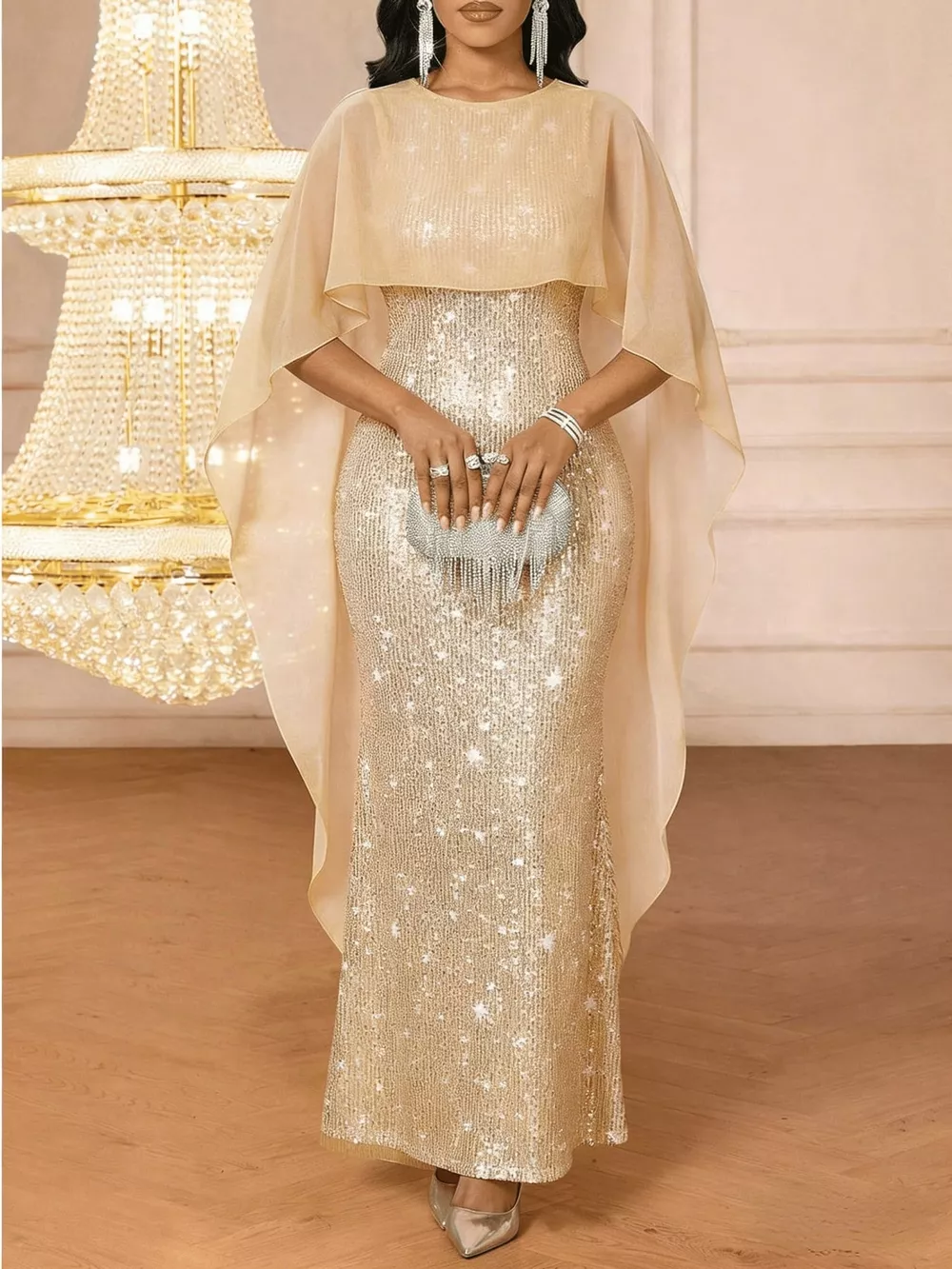 Sequin Cape Overlay Evening Dress, image 23