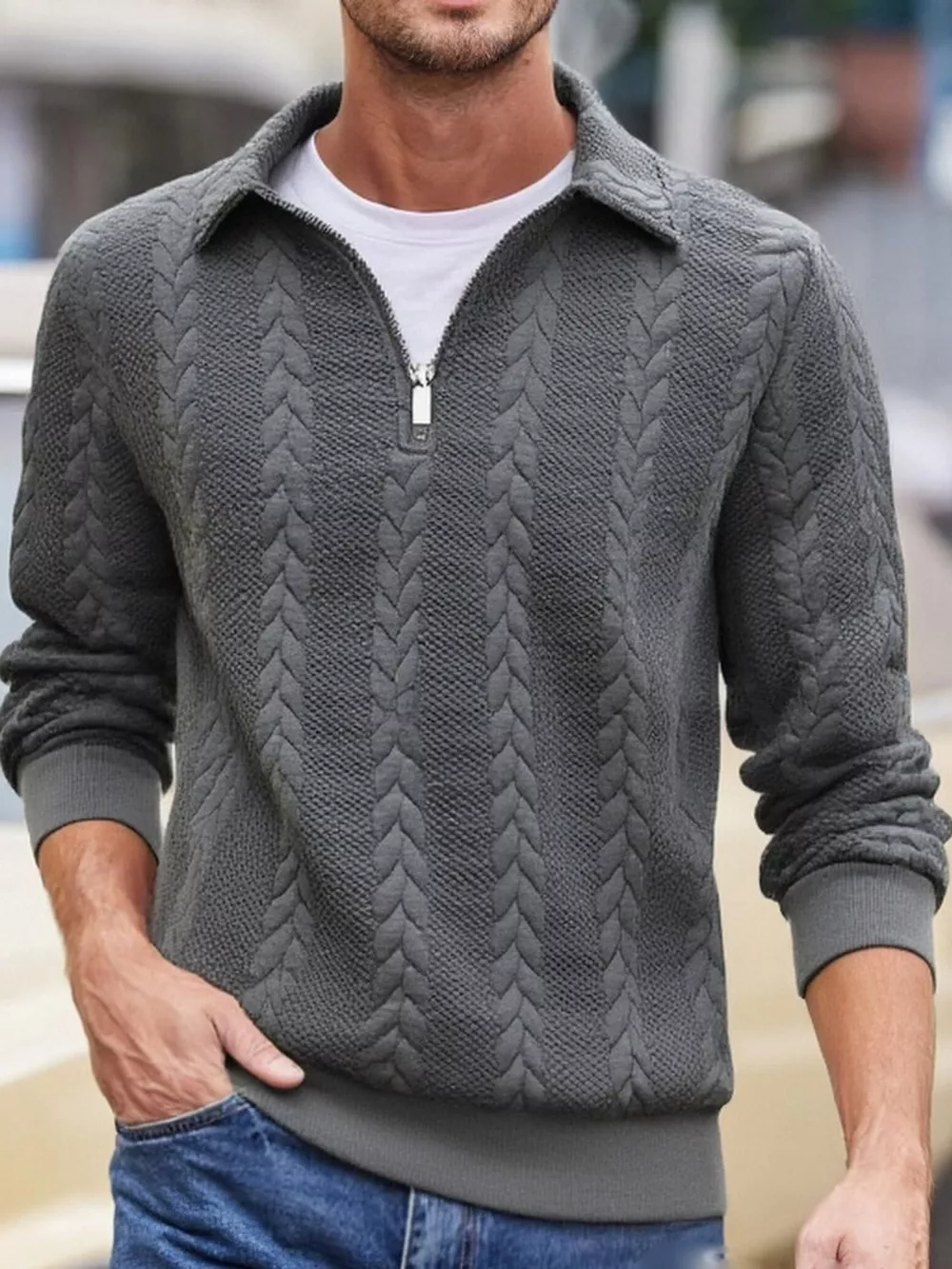 Men's Full Size Quarter-Zip Cable Knit Jacquard Sweatshirt Plus Size, image 5