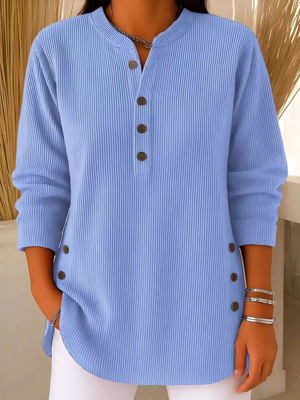 Full Size Button Detail Long Sleeve Top Plus Size, image 21