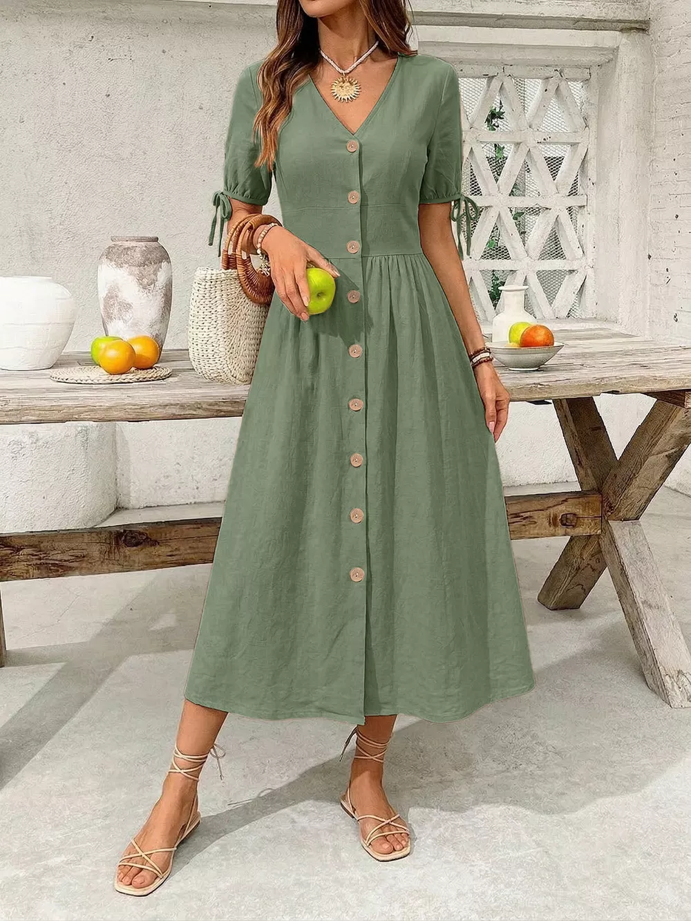 Button-Down Short Sleeve Midi Dress, image 15