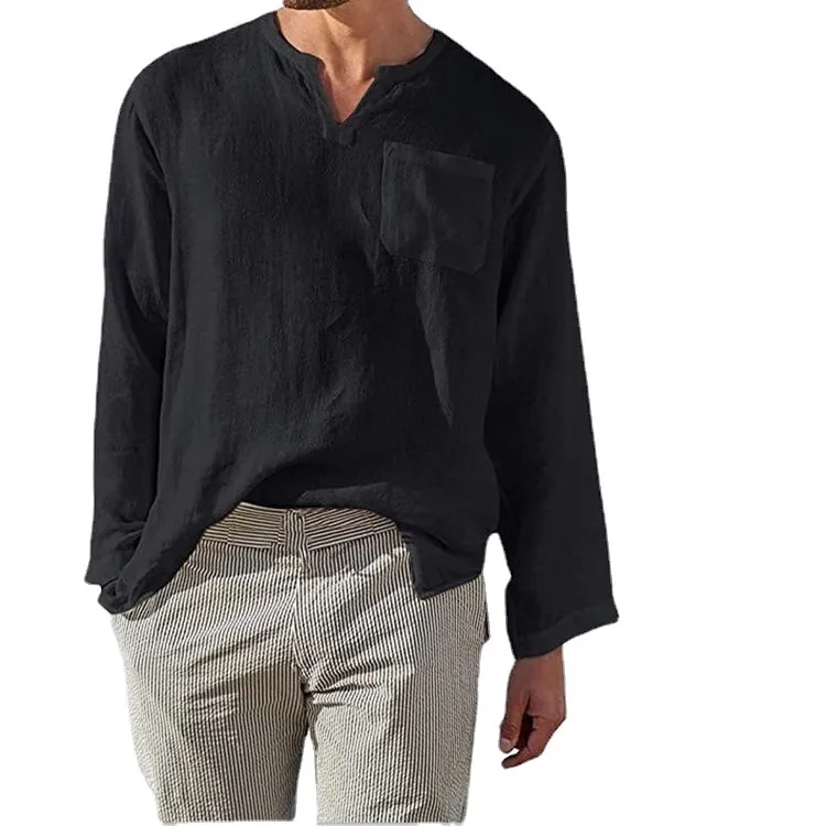 Men's Full Size Casual Notched Linen Long Sleeve Top Plus Size, image 3