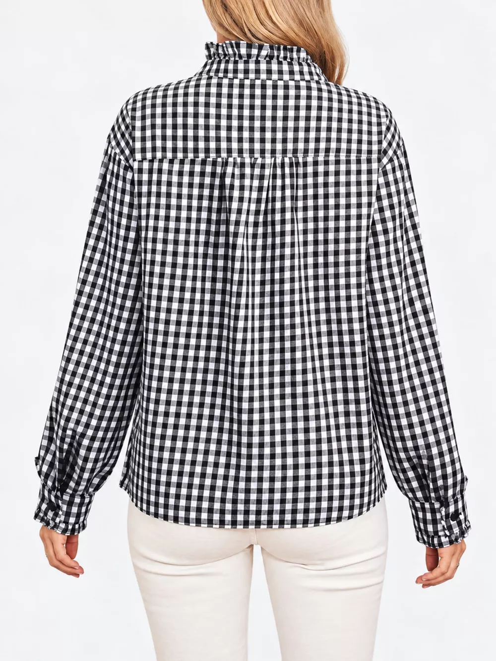 Gingham Ruffle Trim Stand Collar Shirt, image 17