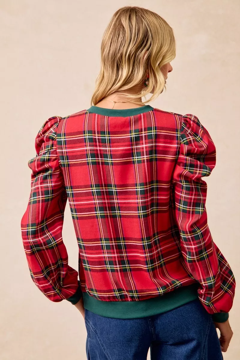 Christmas Plaid Exaggerated Shoulder Sleeves Top, image 13