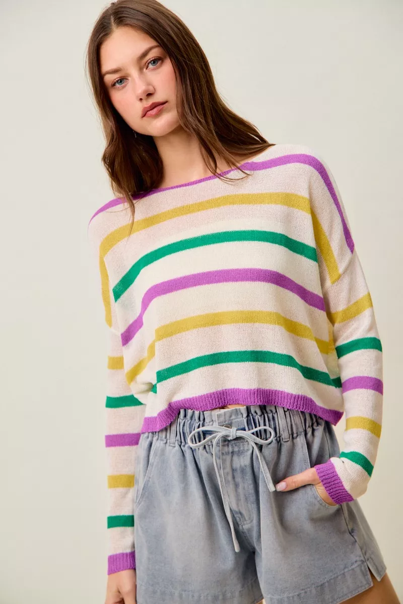 Mardi Gras Color Stripe Lightweight Sweater Top, image 21
