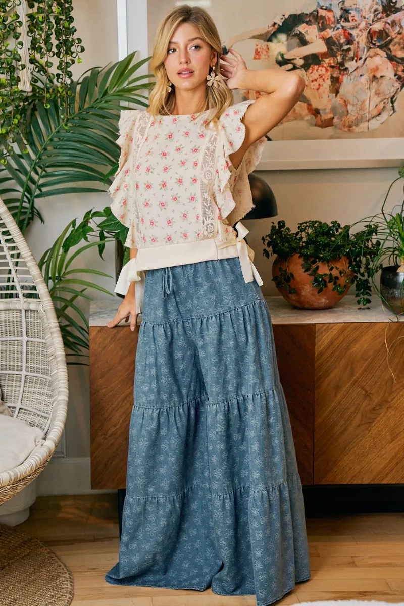 BiBi Flower Printed Ruffle Sleeve Trim Detail Top, image 29
