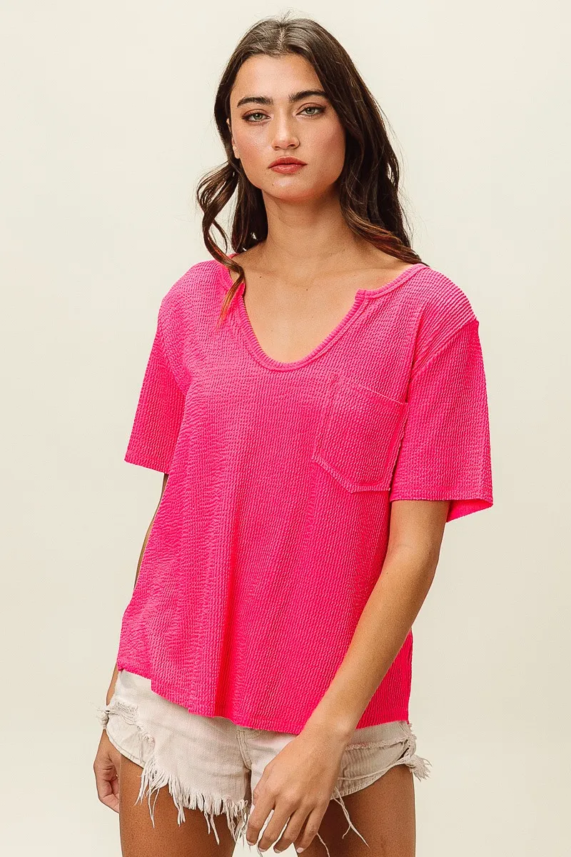 Waved Rib U Neck Top With Front Pocket, image 19
