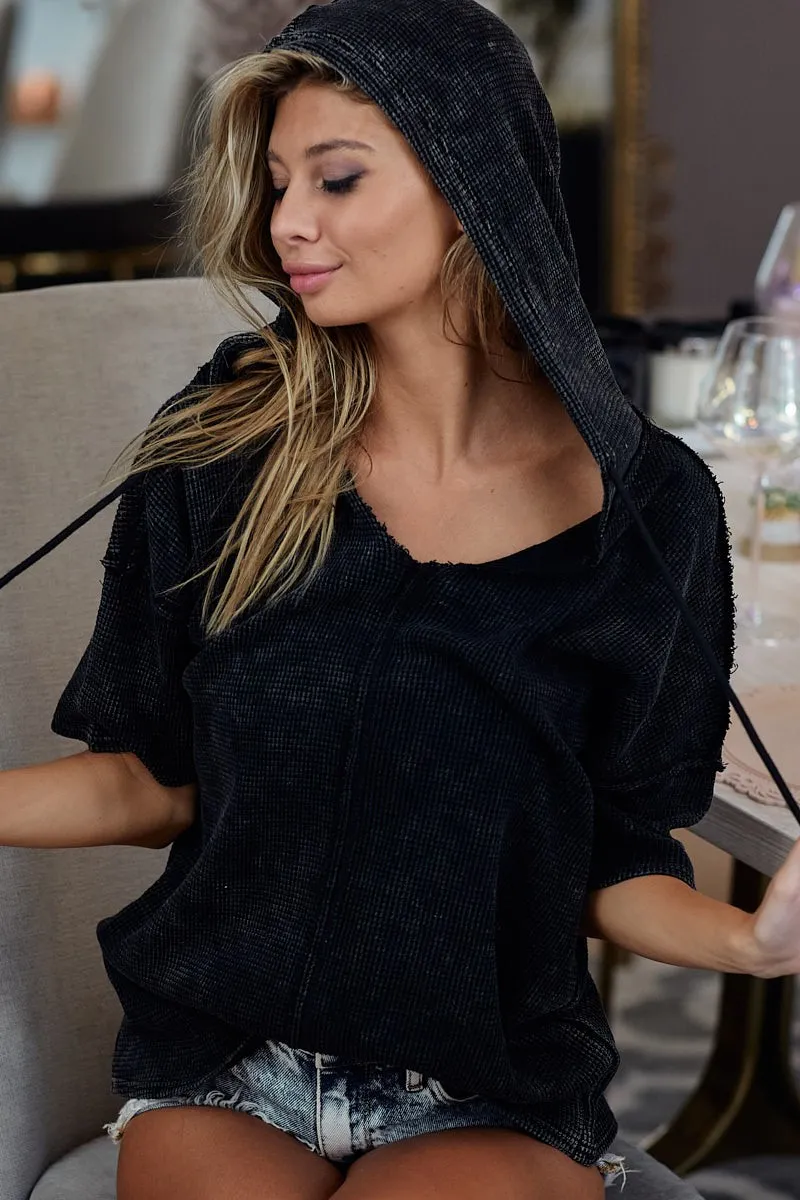 Mineral Washed Short Sleeve Hoodie Top