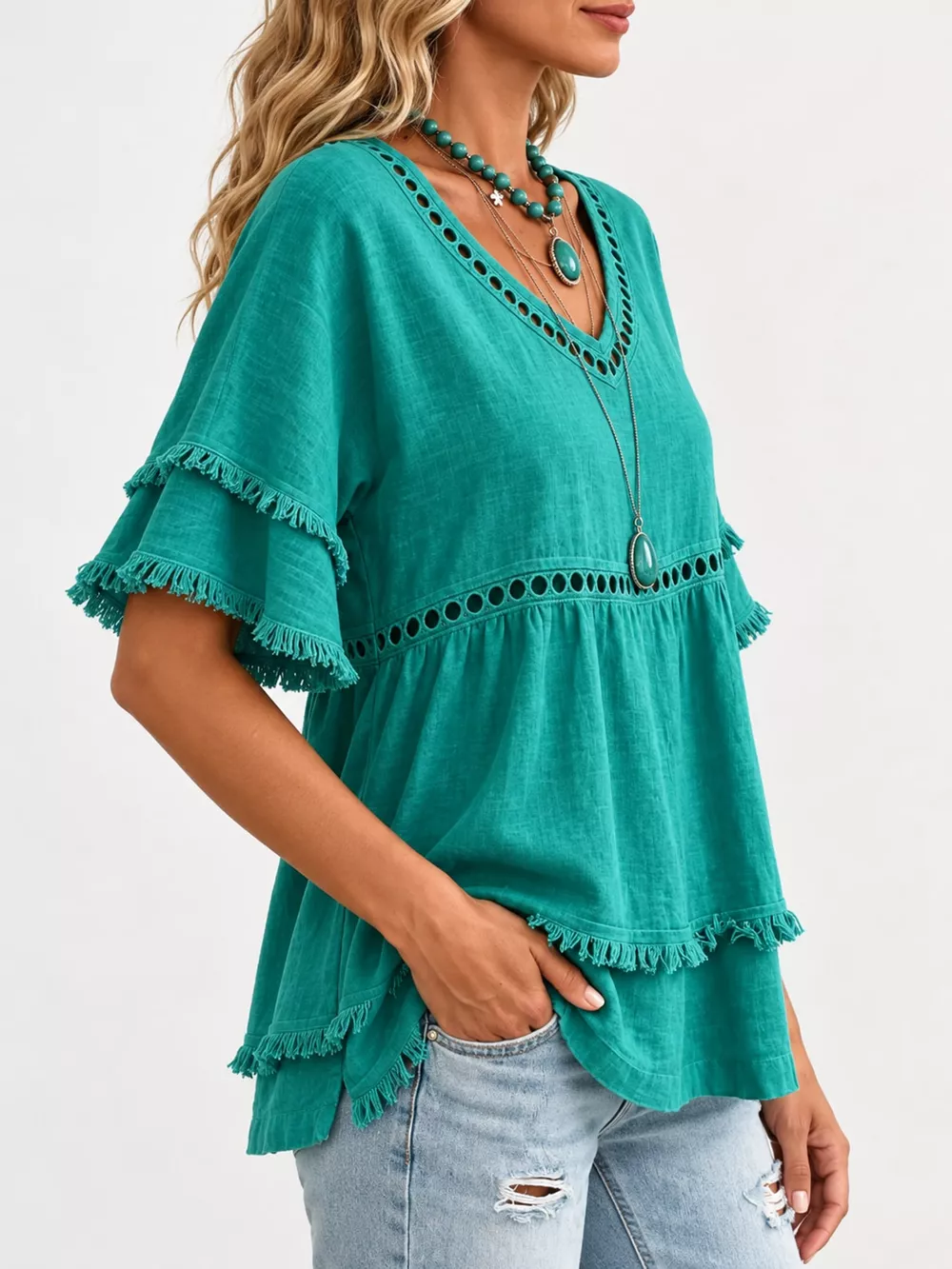Full Size Frayed Hem V-Neck Blouse Plus Size, image 18