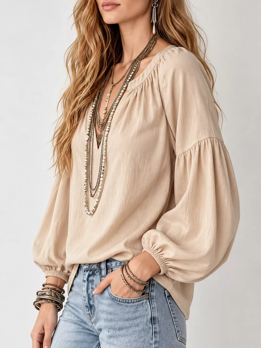 Full Size Notched Balloon Sleeve Blouse Plus Size, image 33