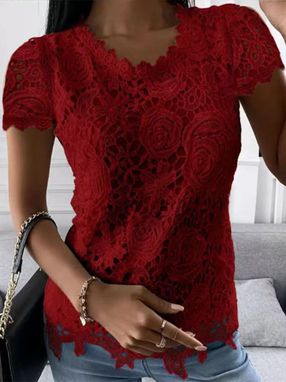 Full Size Elegant Floral Lace Short Sleeve Blouse Plus Size, image 13