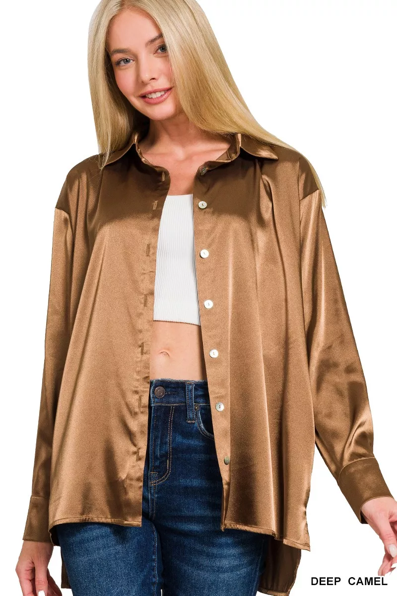 Satin Button Down Long Sleeve Shirt, image 3