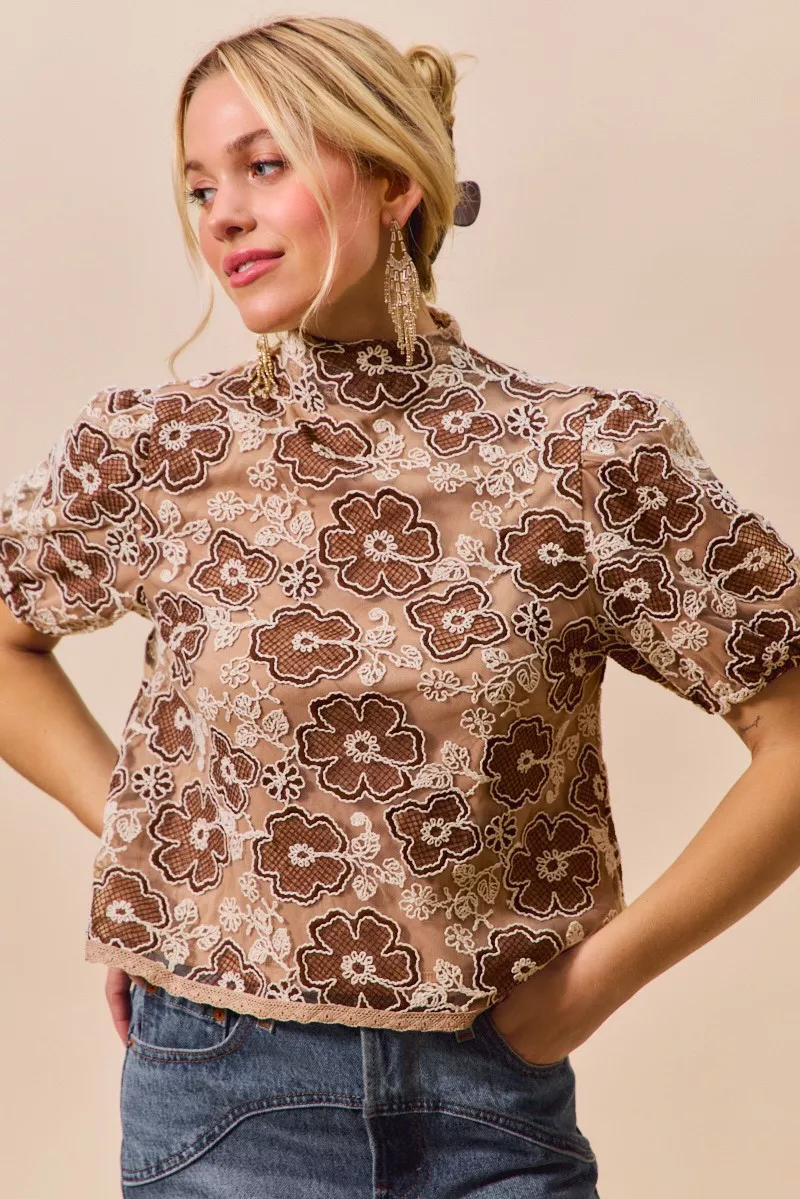 Texture Floral Mesh Top With Back Button Closure, image 12