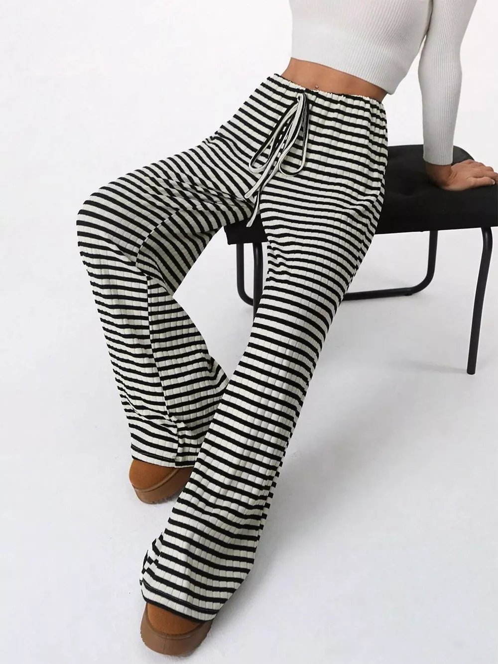 Striped Ribbed Knit Drawstring Waist Wide Leg Pants, image 7
