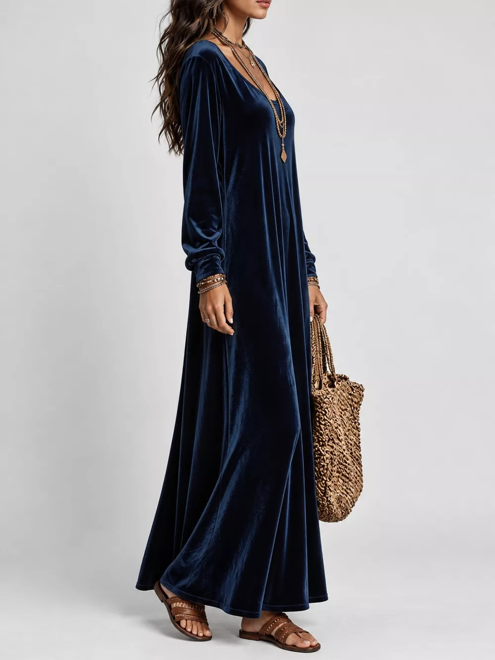 Velvet Long-Sleeve Maxi Dress, image 2