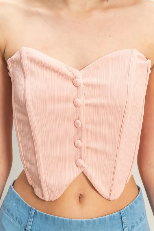 Buttoned Front Strapless Knit Bustier Top, image 5