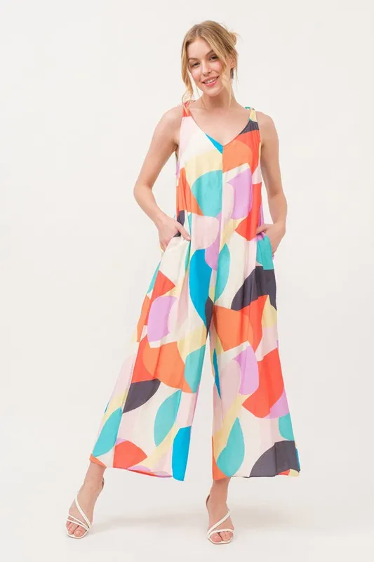 Tied Shoulder Straps Wide-Leg Geo Print Jumpsuit, image 10