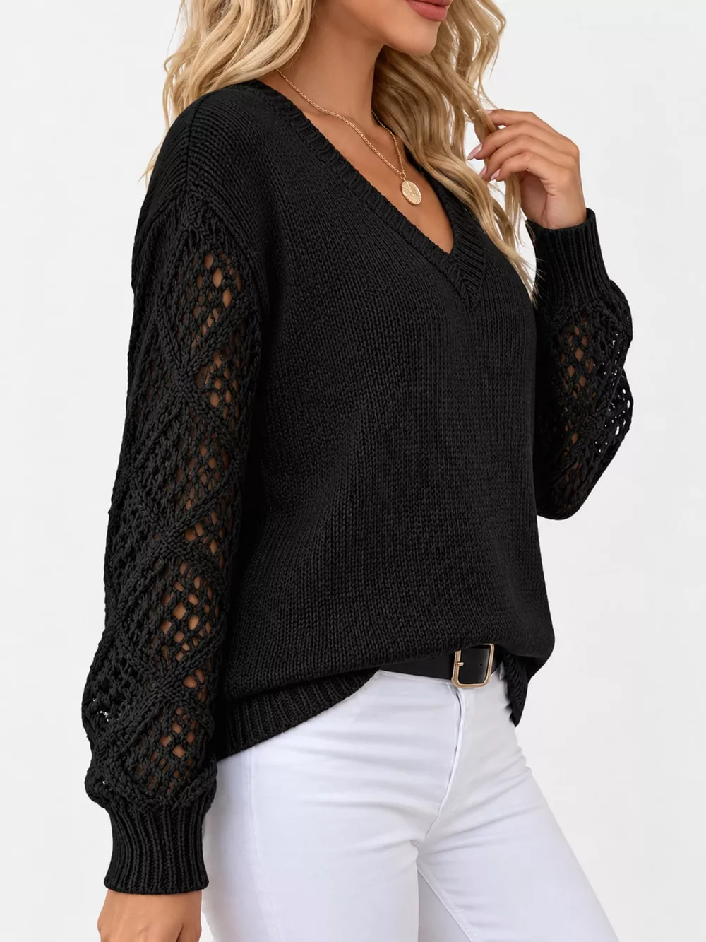 Full Size V-Neck Hollow-Out Long Sleeve Sweater Plus Size, image 7