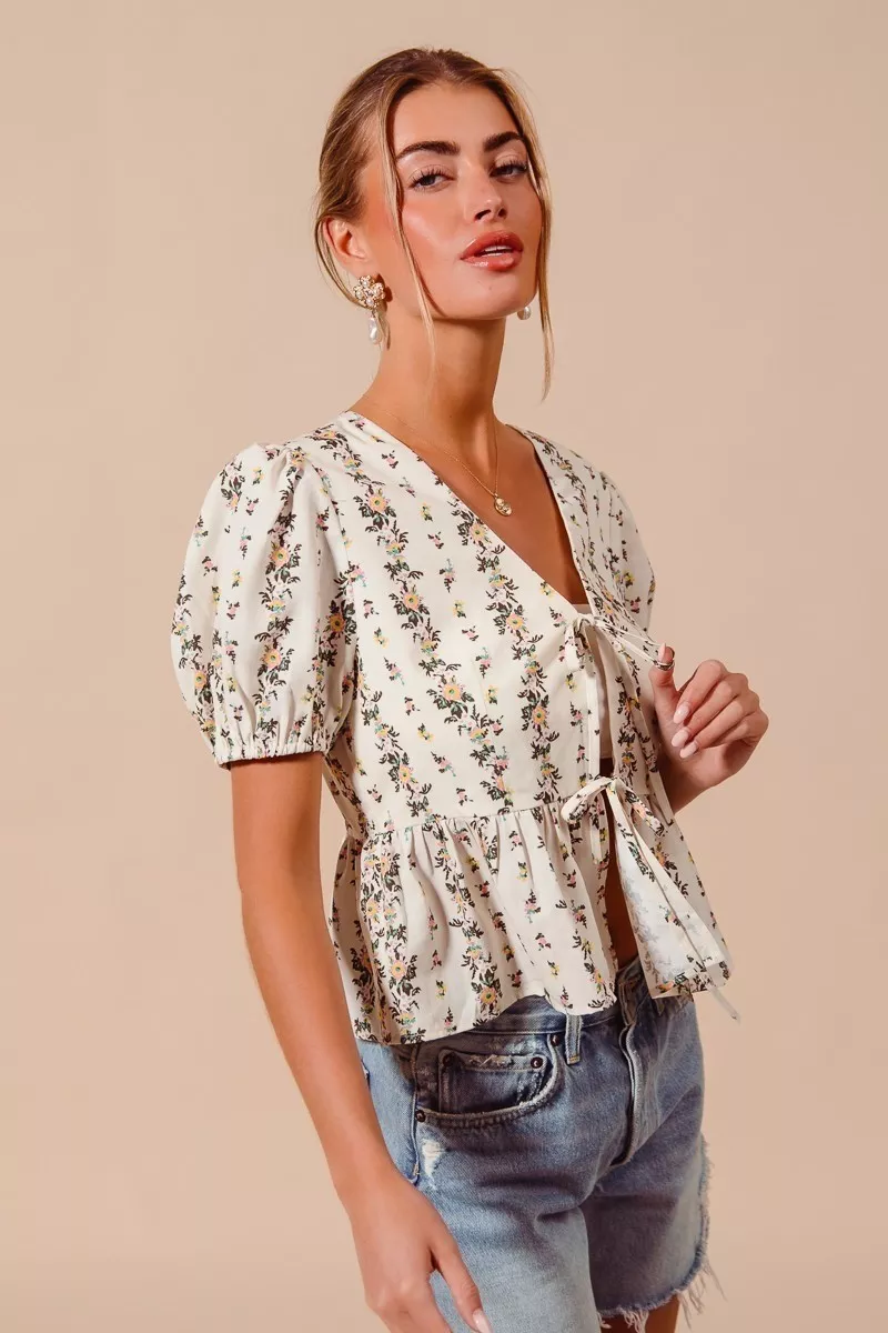 Floral Print Tie Front Shirred Hem Blouse, image 10