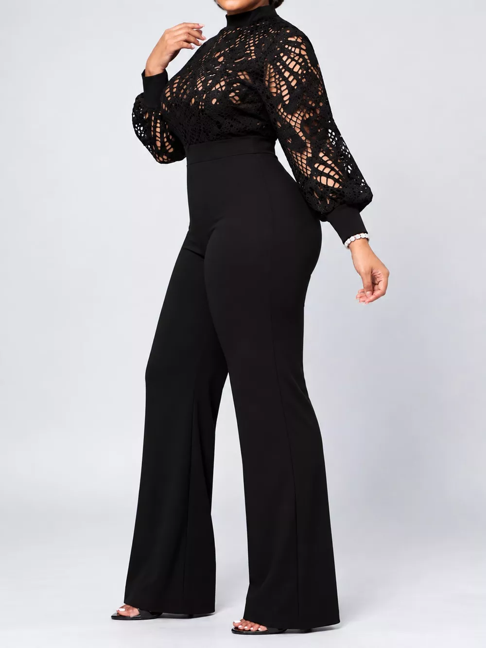 Full Size Lace Lantern Sleeve Flare Jumpsuit Plus Size, image 12