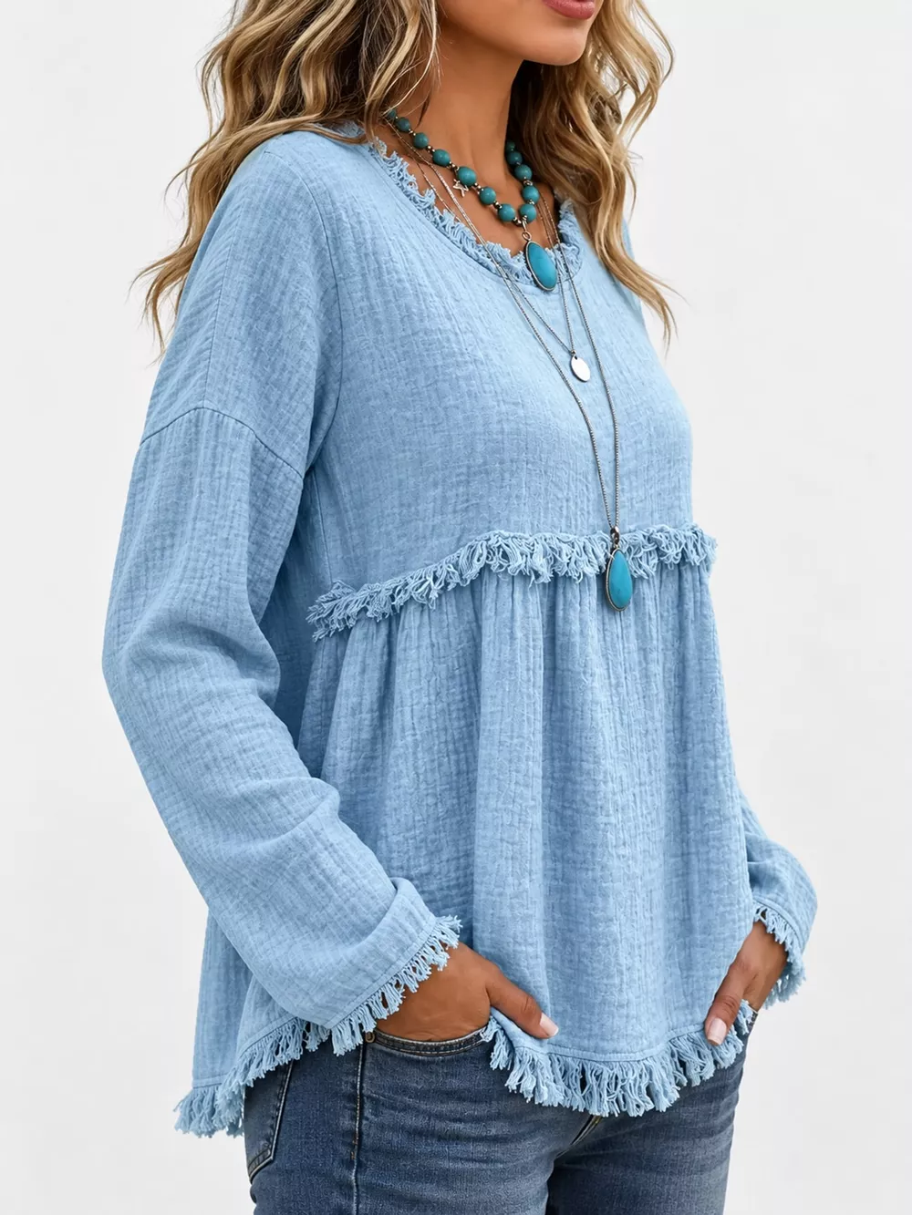 Full Size Frayed Hem Textured Blouse Plus Size, image 8