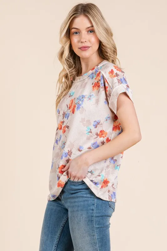 Floral Round Neck RIbbed T-Shirt, image 5