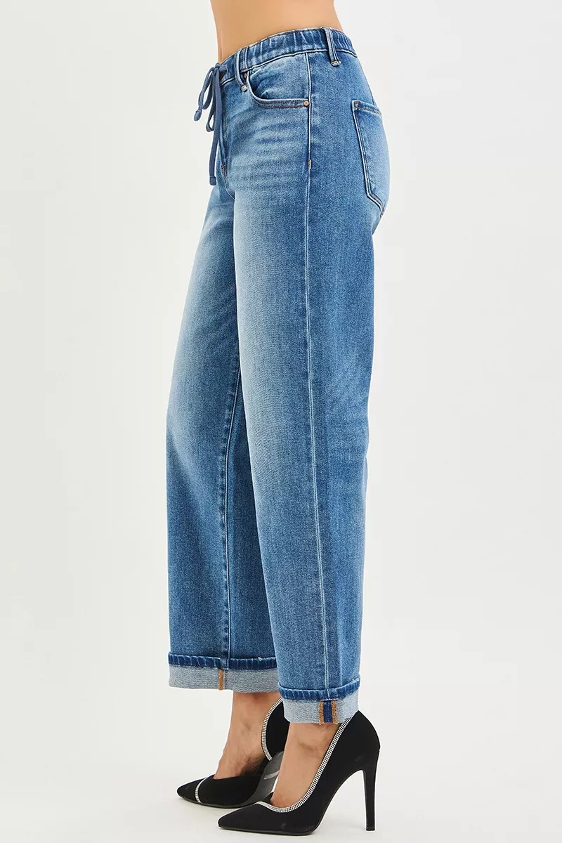 Elastic Band Slouch Ankle Boyfriend Cuffed Hem Jeans, image 6