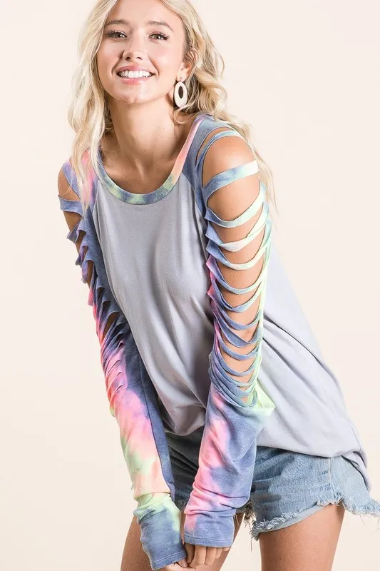 Jersey Knit Top with Tie Dye Laser Cut Sleeves, image 7