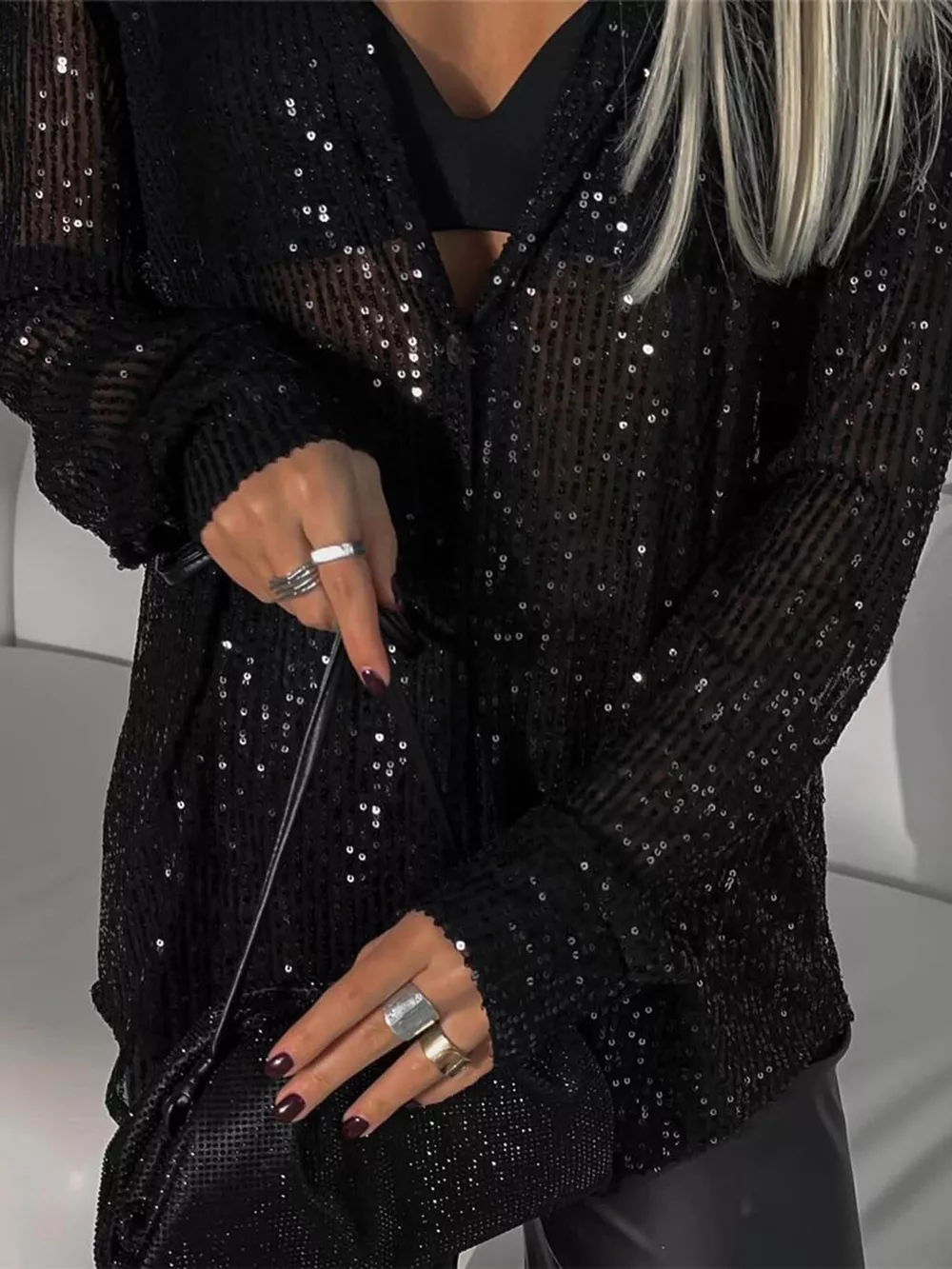 Full Size Sequin Button-Down Shirt Plus Size, image 14