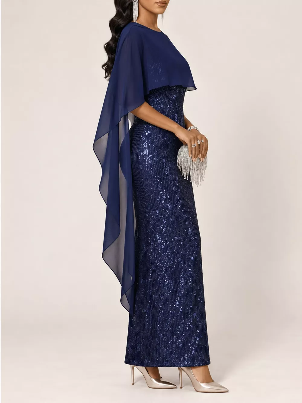 Sequin Cape Overlay Evening Dress, image 15