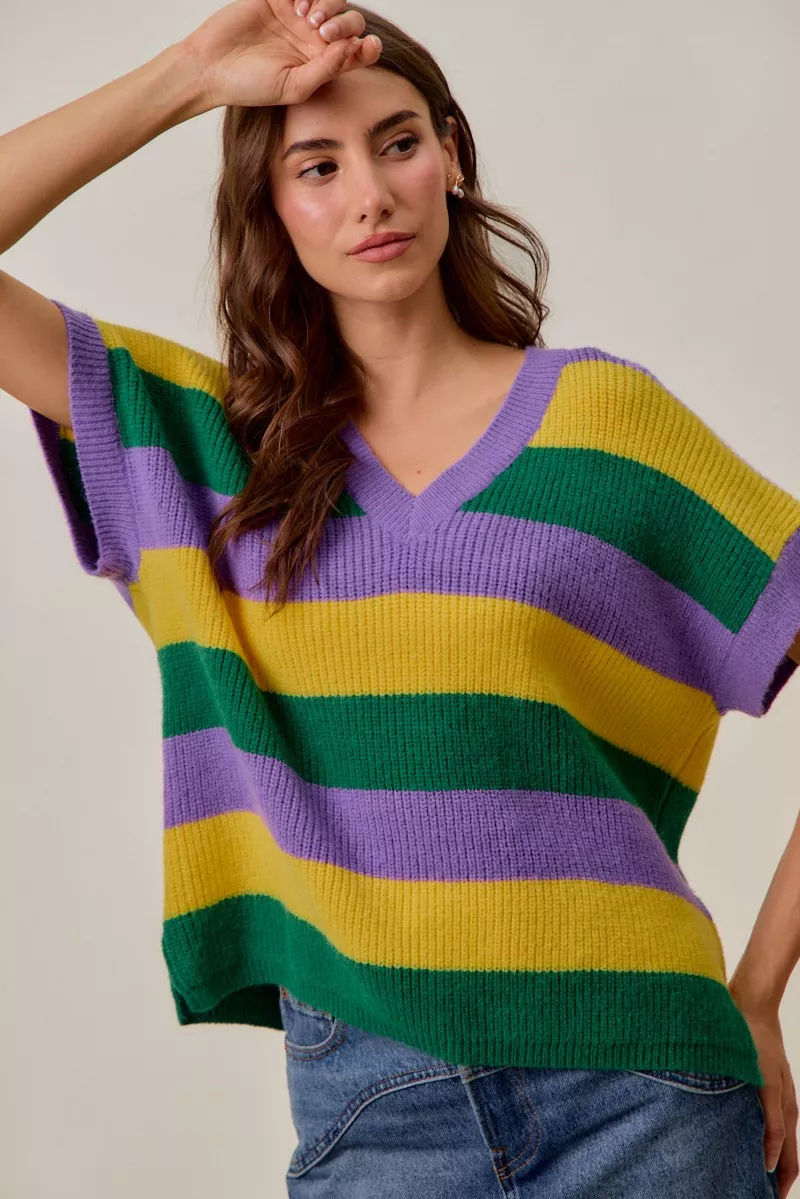 Mardi Gras Loose Fit V Neck Stripe Sweater Top, image 13