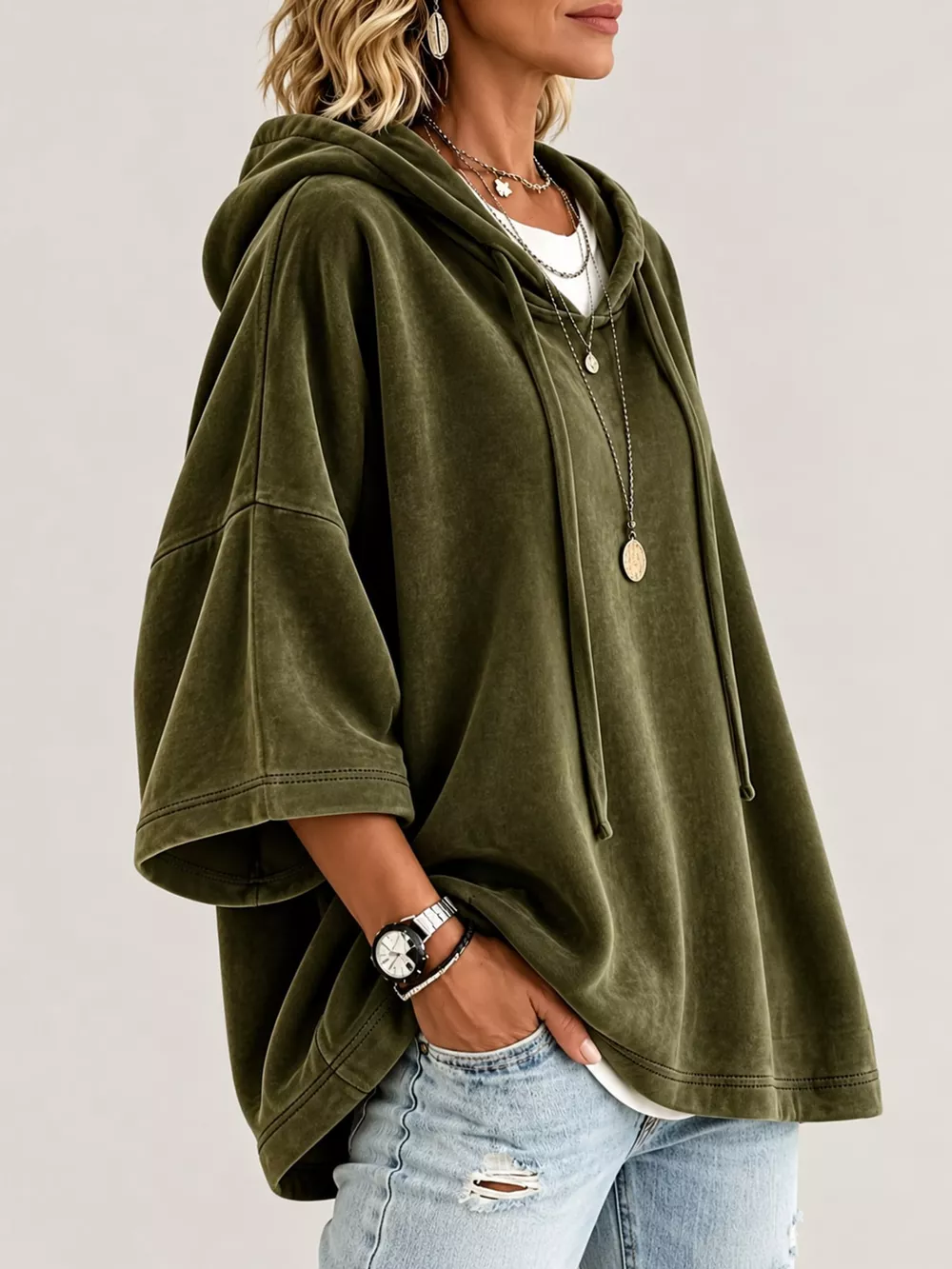 Full Size Velvet Half Sleeve Hoodie with Drawstring Plus Size, image 26